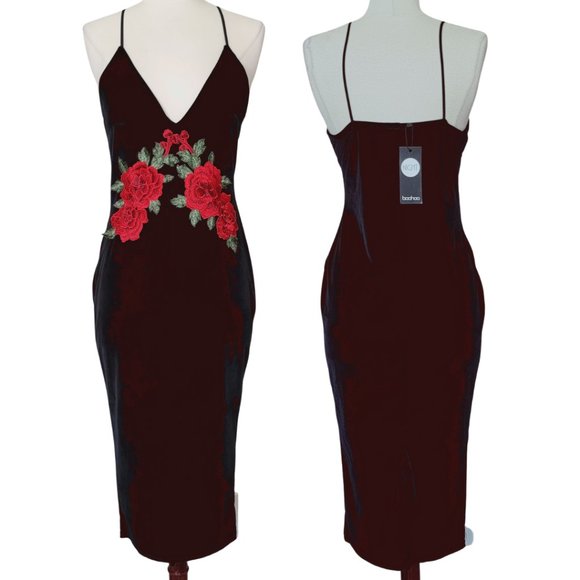 BooHoo Night Velvet w/ Rose Appliques Midi Dress - Picture 2 of 5
